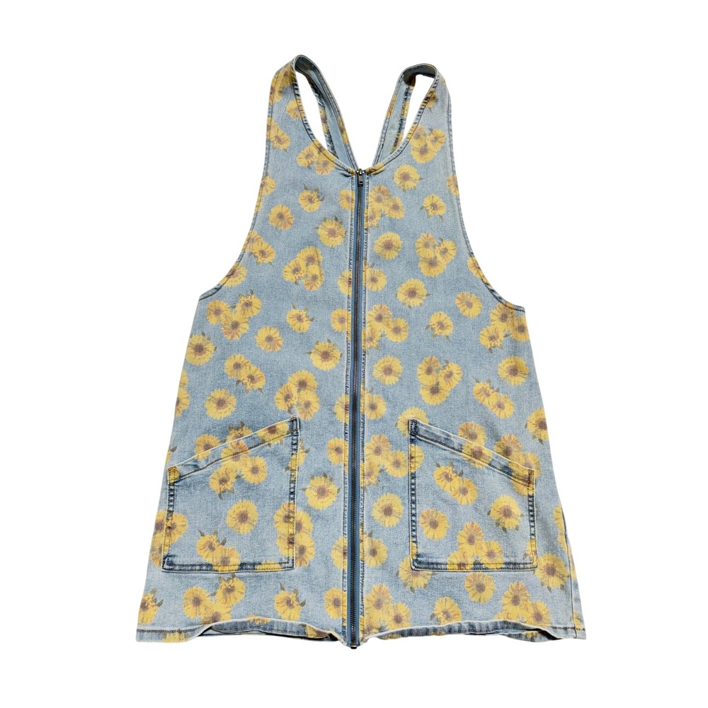 SO Sunflower Denim Pinafore Dress Womens L Blue Floral Zip Jumper Excellent